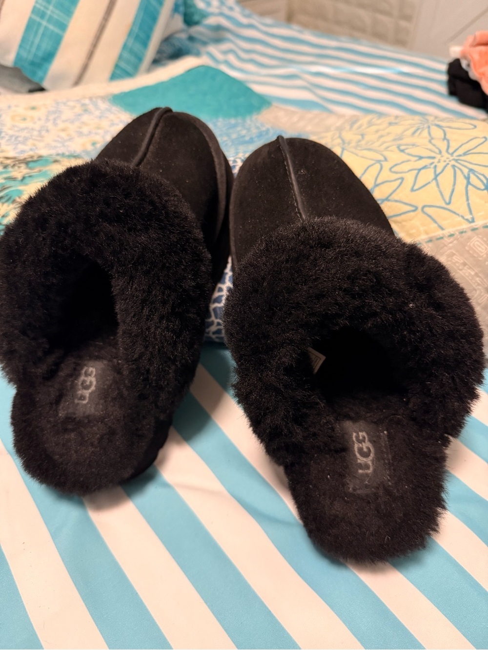 UGG Black Suede Shearling Slip-On Mules